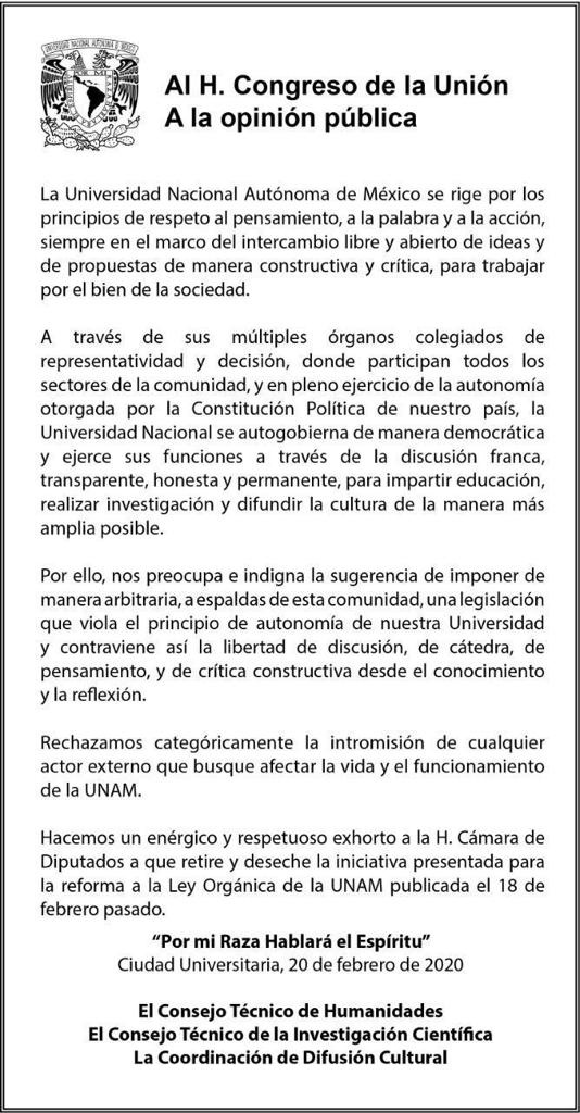 Comunicado UNAM: Al H. Congreso de la Unin, A la opinin pblica.