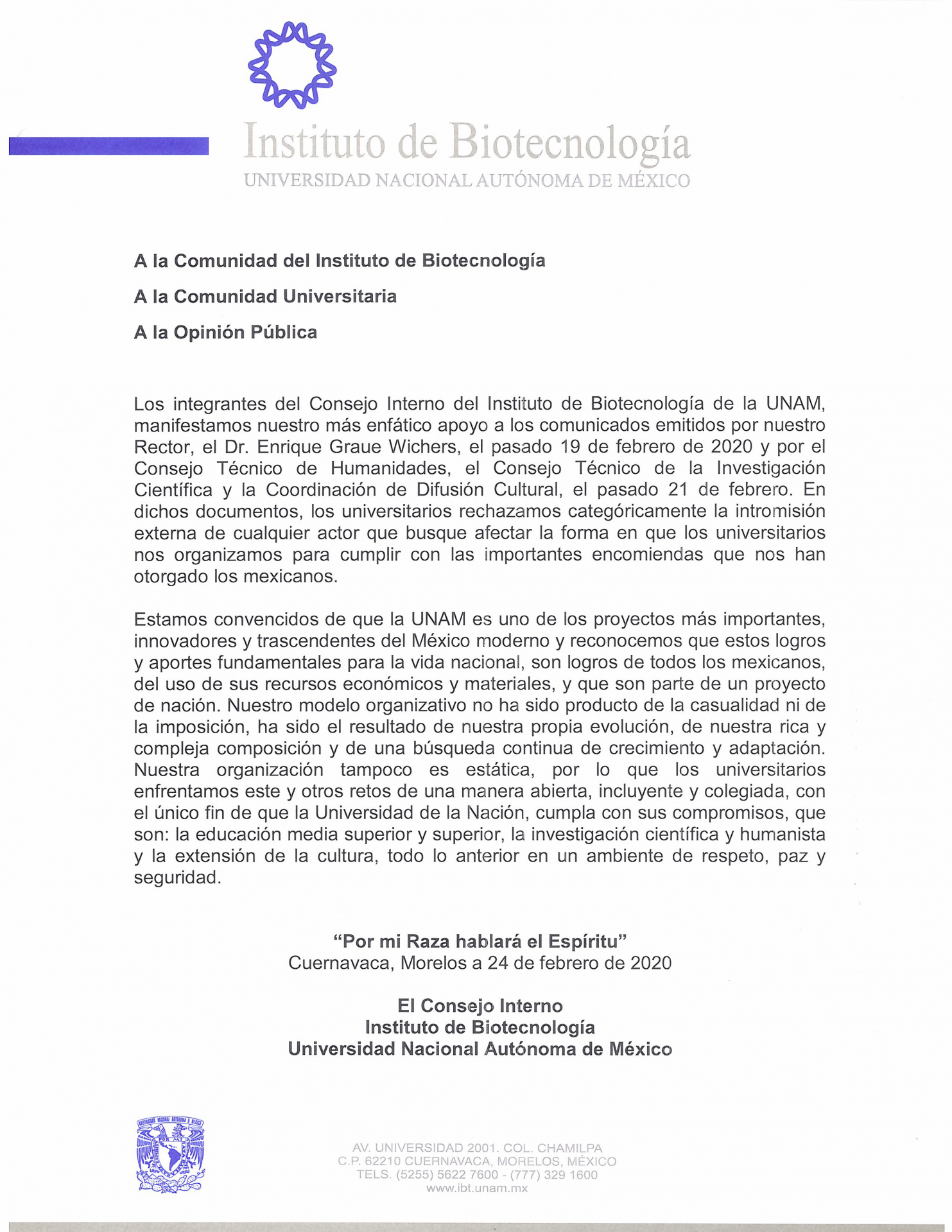 Comunicado del C.I. del IBt/UNAM