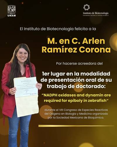 La Sociedad Mexicana de Bioquímica, premia a la M. en C. Arlen Ramírez Corona, por obtener el primer lugar en la presentación oral de su trabajo de doctorado.